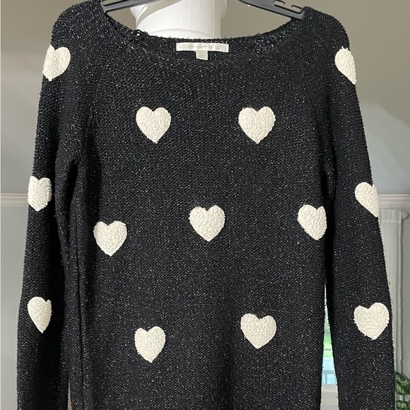 Lauren Conrad women’s shimmering black with white Heart patches size S sweater - Picture 2 of 6